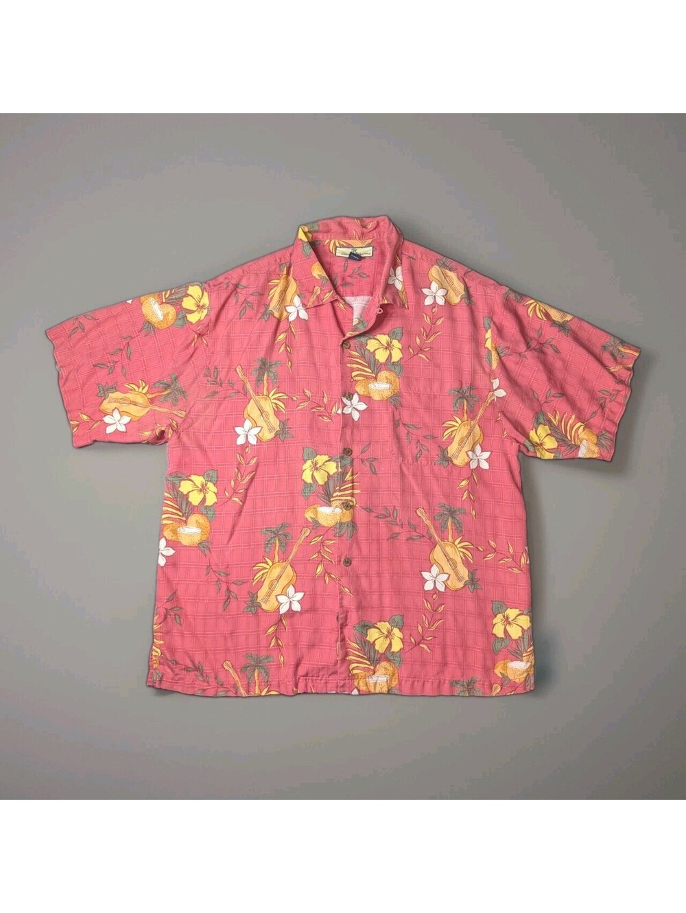 Tommy Bahama Silk Hawaiian Shirt Red Floral Copyright Print Guitar Large
